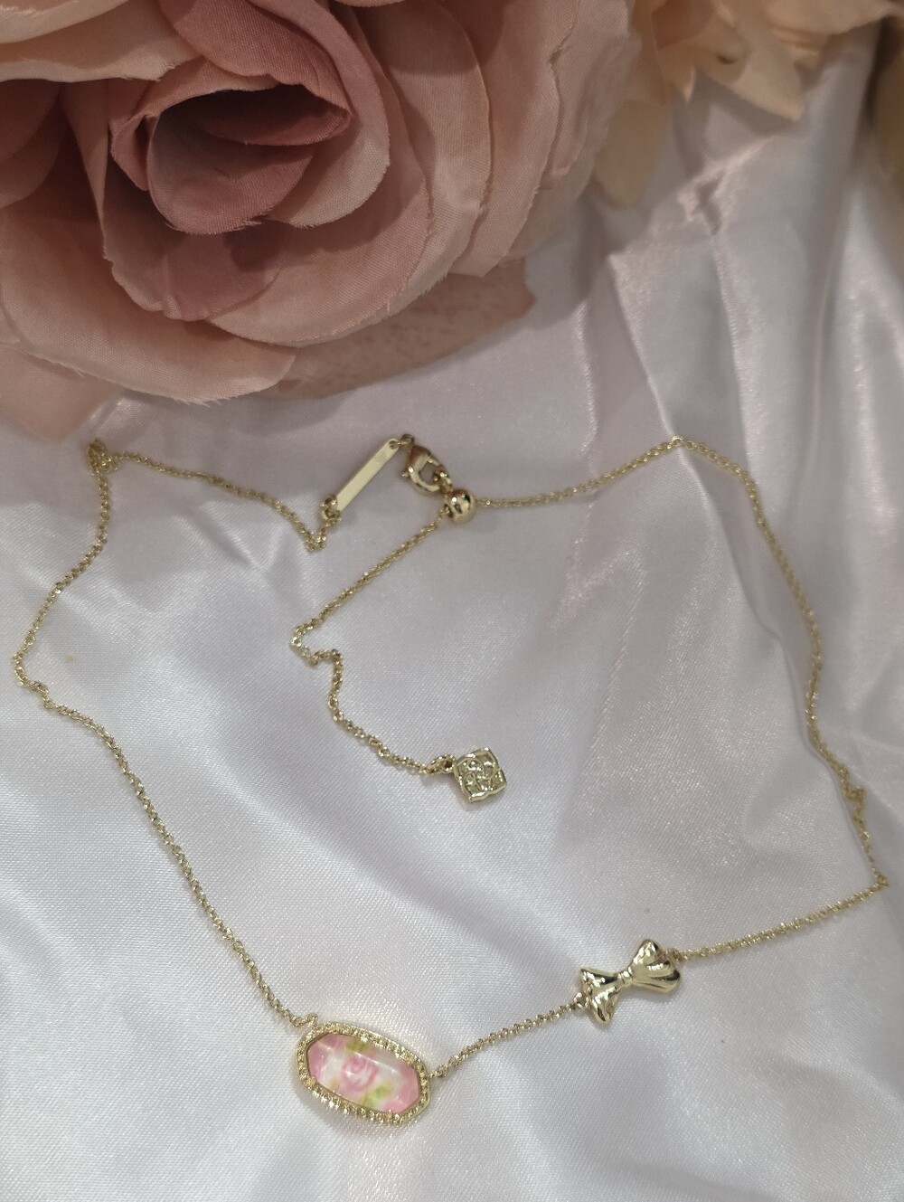 Kendra Scott Gold Necklace with Pink Floral Oval Pendant